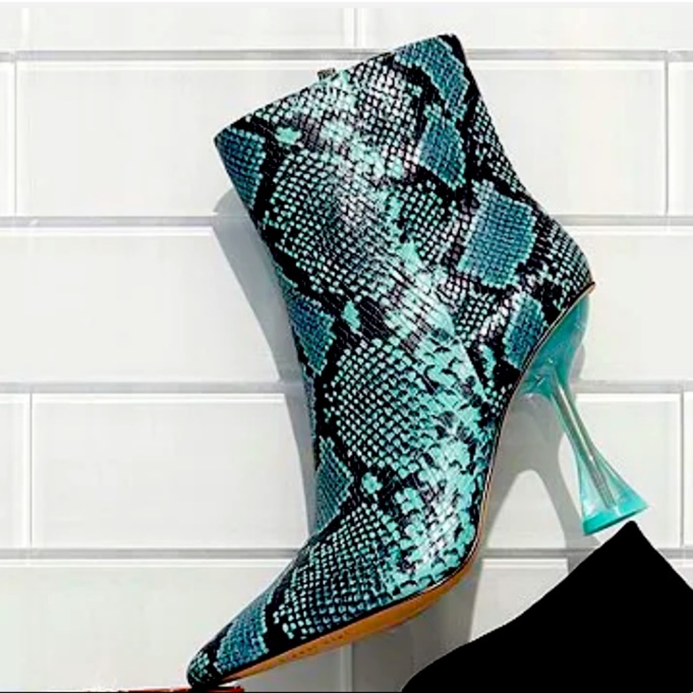New Gianni Bini Fawlie Snake Print Leather Clear Flared Heel Booties